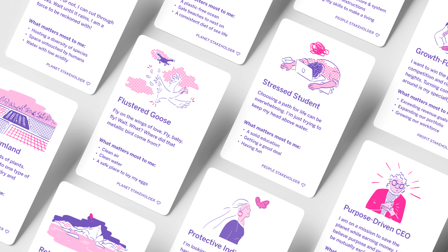 A number of the Cards for Sustainability laid out in a grid. Face up are cards for Flustered Goose, Stressed Students and Purpose-Driven CEO.